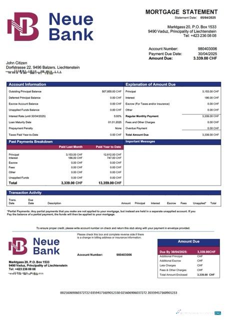 Download Liechtenstein Neue Bank mortgage statement Word and PDF template Photoshop template
